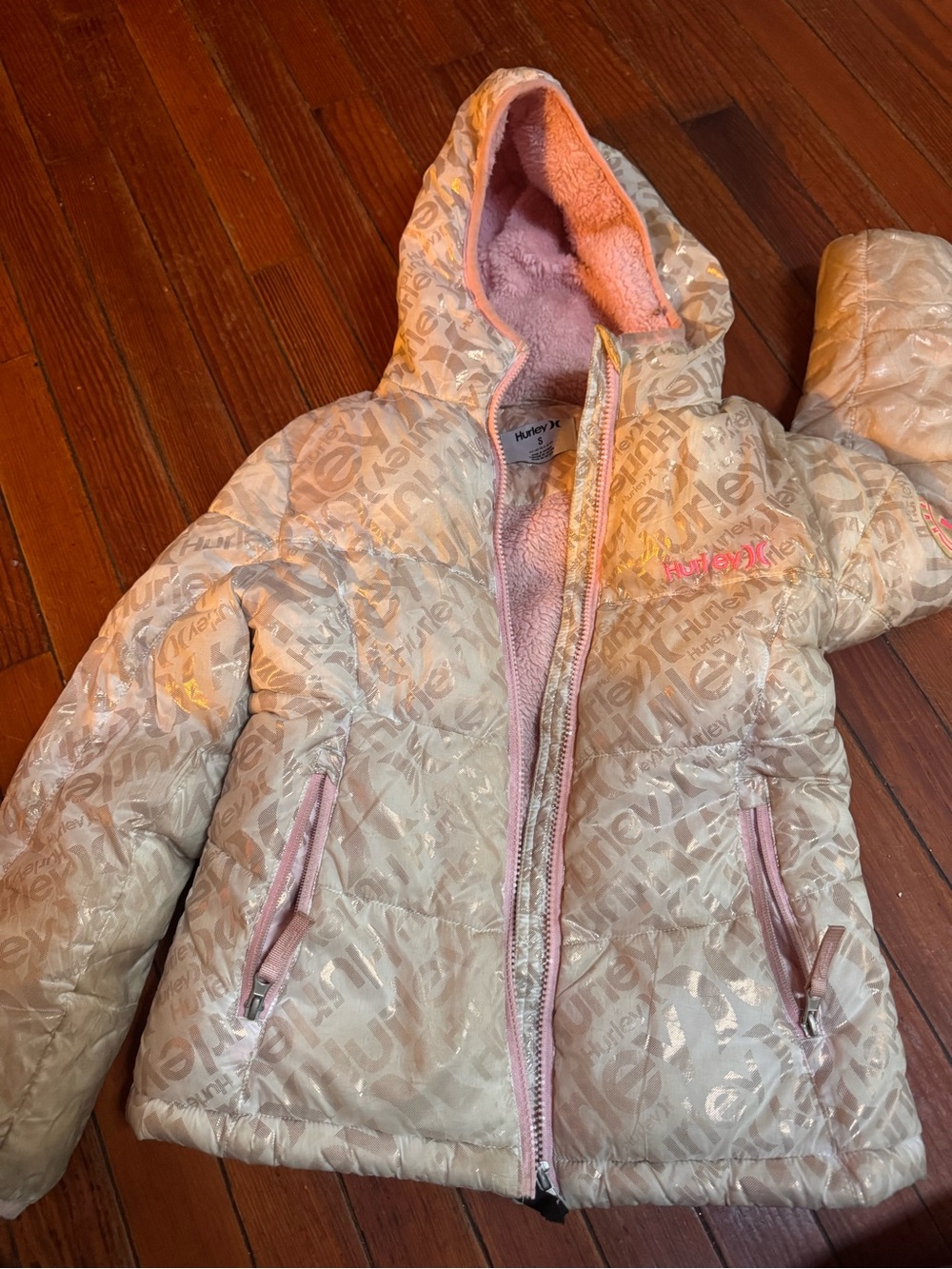Hurley Girls Shimmer Puffer Jacket with Pink Lining size 8